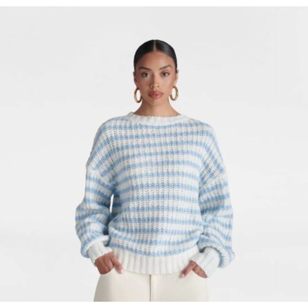 Women's KBB by Kahlana Oversized Knit Drop Shoulder Sweater Blue White Medium
